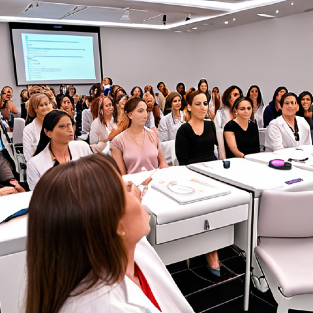 **Image Prompt for Advanced Skincare Seminar**: 
   "Create an illustration of a professional skincare seminar setting, featuring a speaker demonstrating advanced skincare techniques using laser devices. Include an audience of engaged participants taking notes and asking questions, with visuals of skincare products and technology in the background."