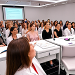 **Image Prompt for Advanced Skincare Seminar**: 
   "Create an illustration of a professional skincare seminar setting, featuring a speaker demonstrating advanced skincare techniques using laser devices. Include an audience of engaged participants taking notes and asking questions, with visuals of skincare products and technology in the background."