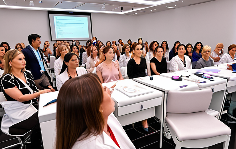**Image Prompt for Advanced Skincare Seminar**: 
   "Create an illustration of a professional skincare seminar setting, featuring a speaker demonstrating advanced skincare techniques using laser devices. Include an audience of engaged participants taking notes and asking questions, with visuals of skincare products and technology in the background."