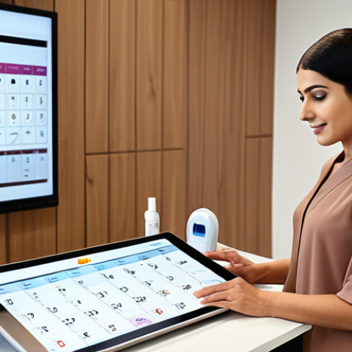 Home 15 A professional, elegant Arab female skincare expert confidently managing her appointments in a sleek, modern clinic. She is interacting with a user-friendly digital calendar on a tablet or large screen, showcasing a perfectly organized schedule with automated bookings and reminders. The atmosphere is calm and efficient, with subtle hints of high-tech beauty equipment in the background, emphasizing her mastery over time and client expectations.