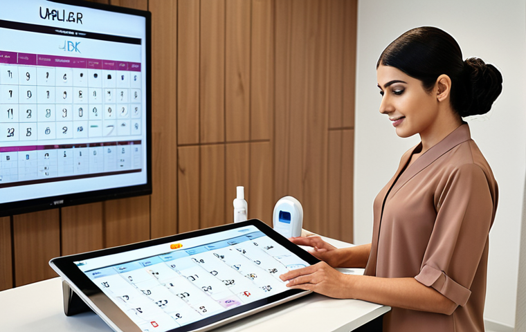 A professional, elegant Arab female skincare expert confidently managing her appointments in a sleek, modern clinic. She is interacting with a user-friendly digital calendar on a tablet or large screen, showcasing a perfectly organized schedule with automated bookings and reminders. The atmosphere is calm and efficient, with subtle hints of high-tech beauty equipment in the background, emphasizing her mastery over time and client expectations.