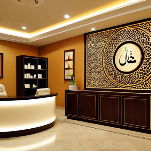 Home 8 **
"A beautifully decorated beauty clinic reception area, warm lighting, comfortable seating, Arabic calligraphy art on the walls, safe for work, appropriate content, fully clothed receptionist in professional attire, perfect anatomy, natural proportions, high-quality photography, family-friendly."
**