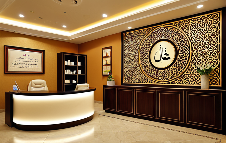 **

"A beautifully decorated beauty clinic reception area, warm lighting, comfortable seating, Arabic calligraphy art on the walls, safe for work, appropriate content, fully clothed receptionist in professional attire, perfect anatomy, natural proportions, high-quality photography, family-friendly."

**