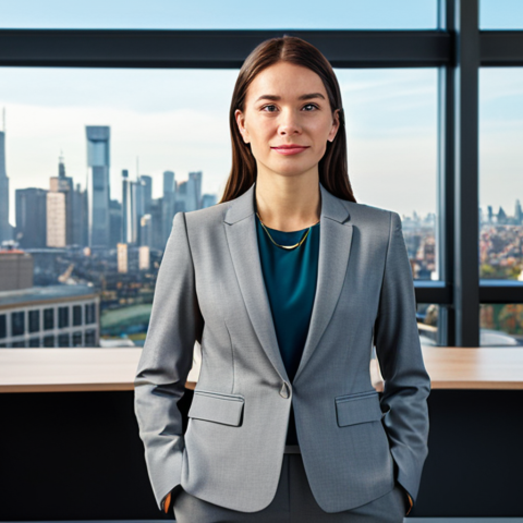 피부관리사 취업 후 교육 프로그램 - A professional businesswoman in a modest business suit, standing in a modern office with large windo...