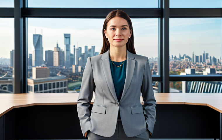 피부관리사 취업 후 교육 프로그램 - A professional businesswoman in a modest business suit, standing in a modern office with large windo...