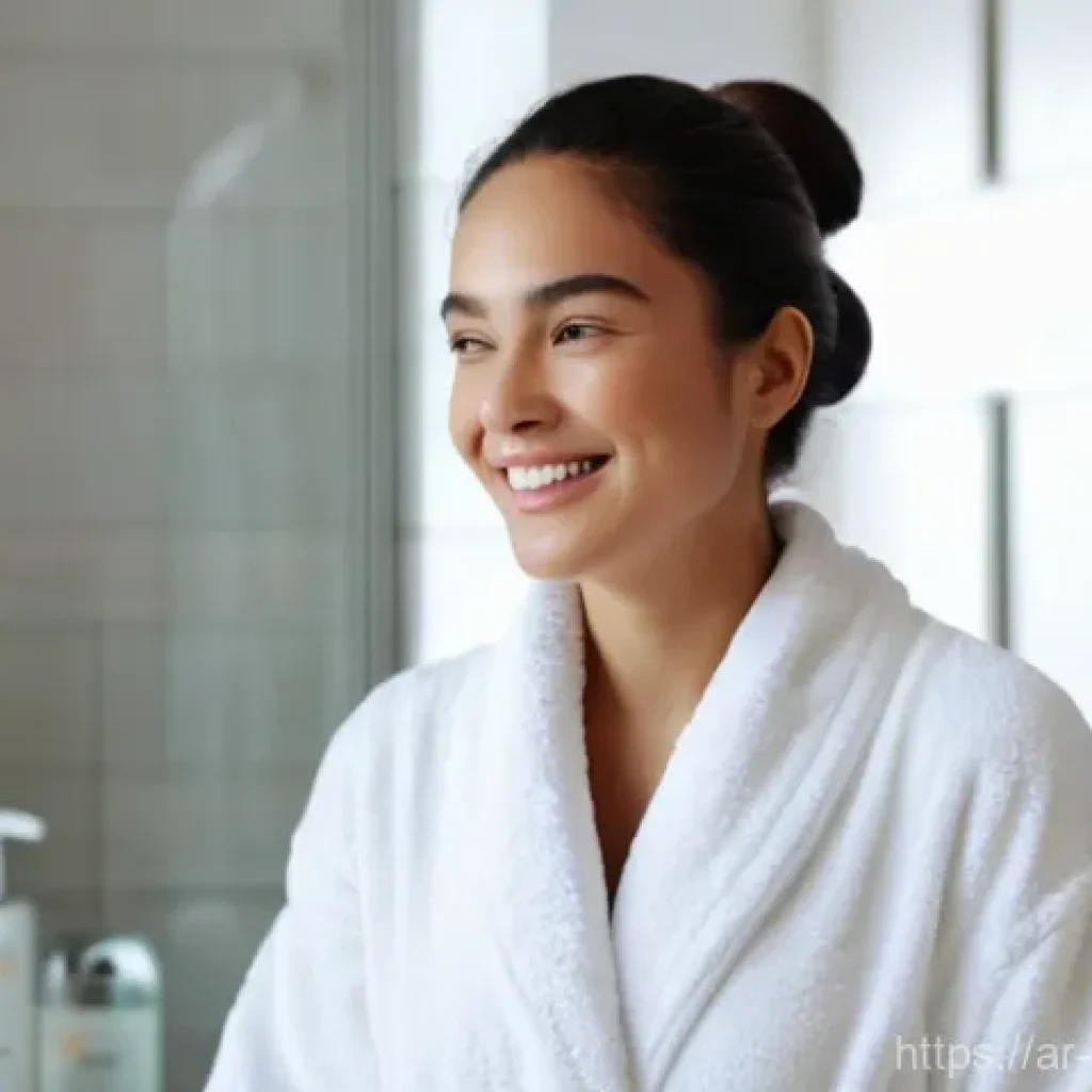 피부관리 제품 추천 및 리뷰 - "A serene and elegant woman in her late 20s, with a gentle smile and clear, healthy skin, is capture...