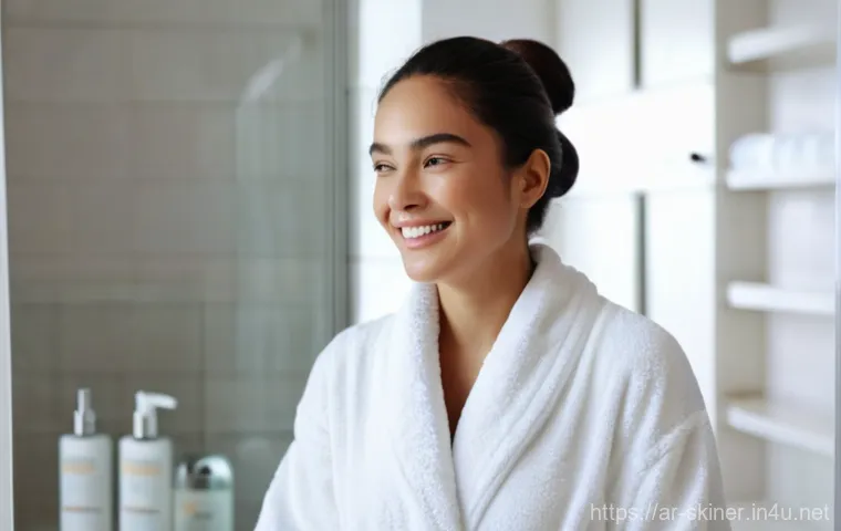 피부관리 제품 추천 및 리뷰 - "A serene and elegant woman in her late 20s, with a gentle smile and clear, healthy skin, is capture...