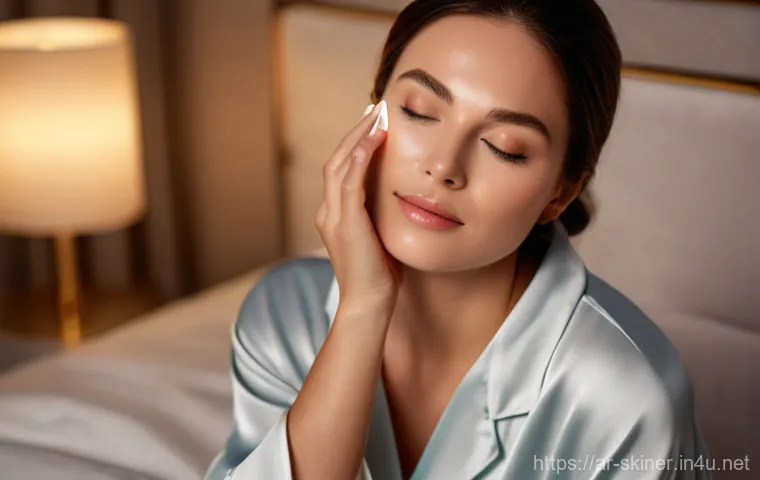 피부관리 제품 추천 및 리뷰 - "A serene and elegant woman in her late 20s, with a gentle smile and clear, healthy skin, is capture...