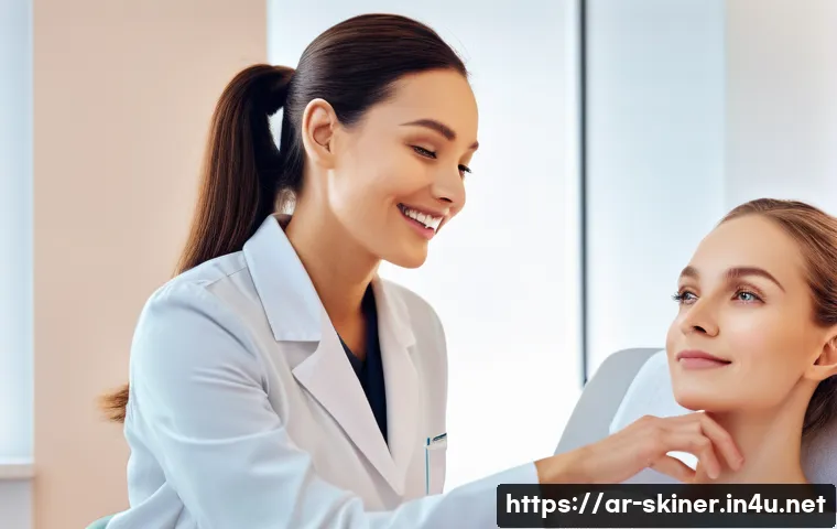 피부관리사의 시험 준비 과정에서 배우는 것 - **Skincare Consultation and Analysis:** A professional female aesthetician, wearing a clean, light-c...