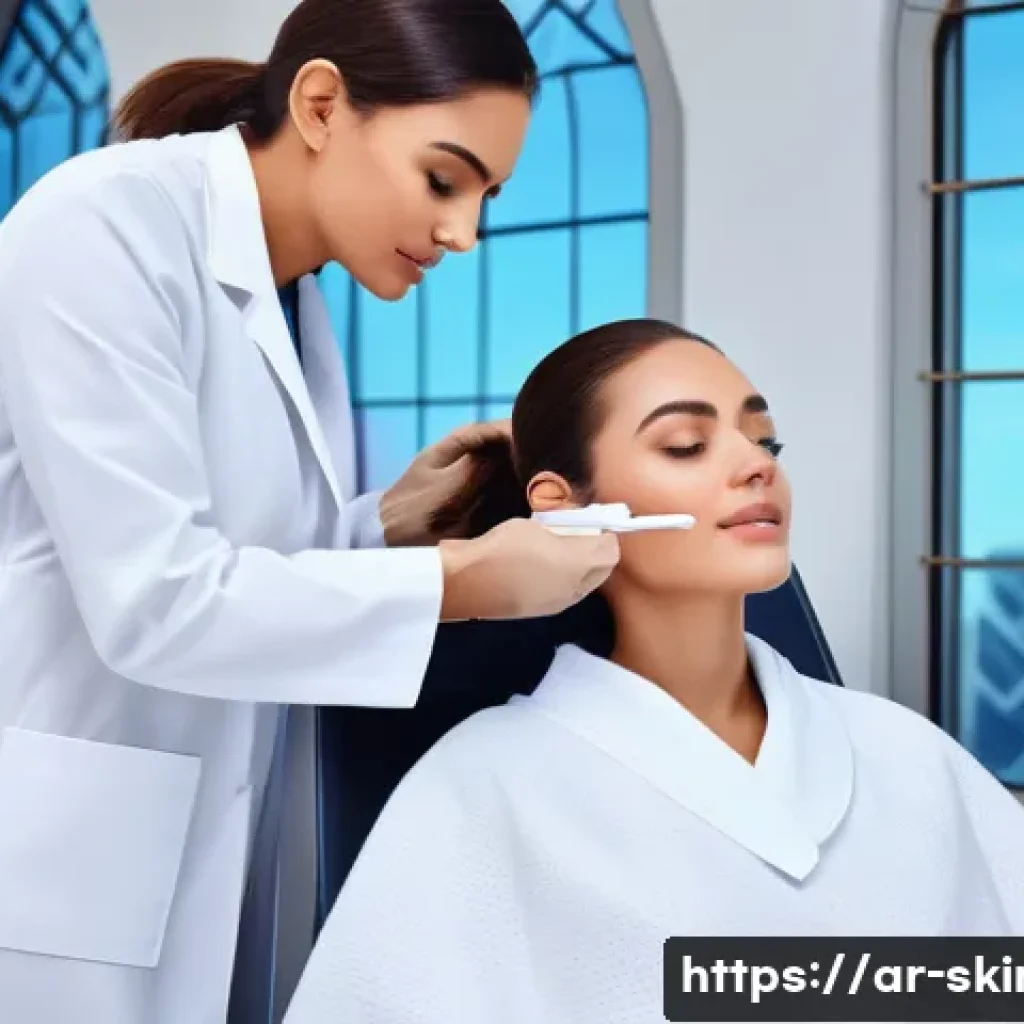 피부관리사 자격증 취득 후 경력 시작하기 - A professional skincare specialist working in a modern dermatology clinic in an Arabic cultural sett...