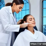 Home 18 피부관리사 자격증 취득 후 경력 시작하기 - A professional skincare specialist working in a modern dermatology clinic in an Arabic cultural sett...