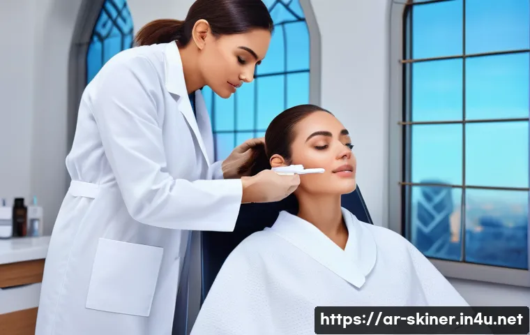 피부관리사 자격증 취득 후 경력 시작하기 - A professional skincare specialist working in a modern dermatology clinic in an Arabic cultural sett...