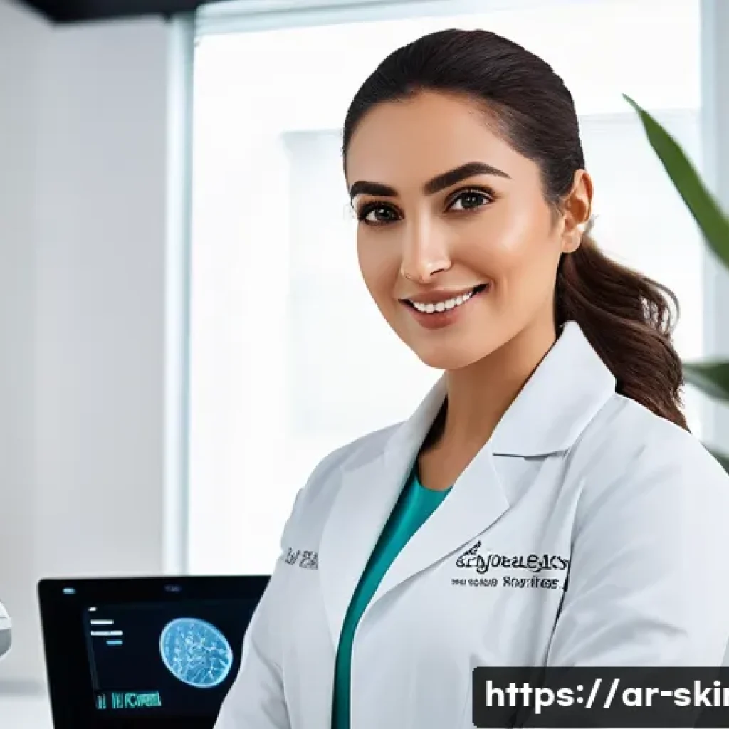 피부관리사의 경력 개발 사례 - A professional Middle Eastern female skincare specialist in a modern clinic setting, wearing a styli...