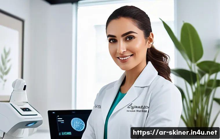 피부관리사의 경력 개발 사례 - A professional Middle Eastern female skincare specialist in a modern clinic setting, wearing a styli...