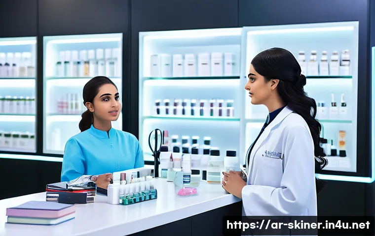 피부관리사 학원 선택 기준 - A modern skincare training classroom in Saudi Arabia featuring Arabic signage, with diverse adult st...