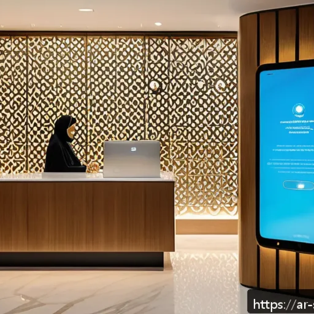피부관리 고객 서비스에서의 프라이버시 보호 - A modern skincare center reception area designed with elegant Middle Eastern architectural elements,...