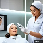 피부관리사의 신규 고객 유치 전략 - A professional Middle Eastern skincare specialist in a modern, elegant clinic setting, demonstrating...