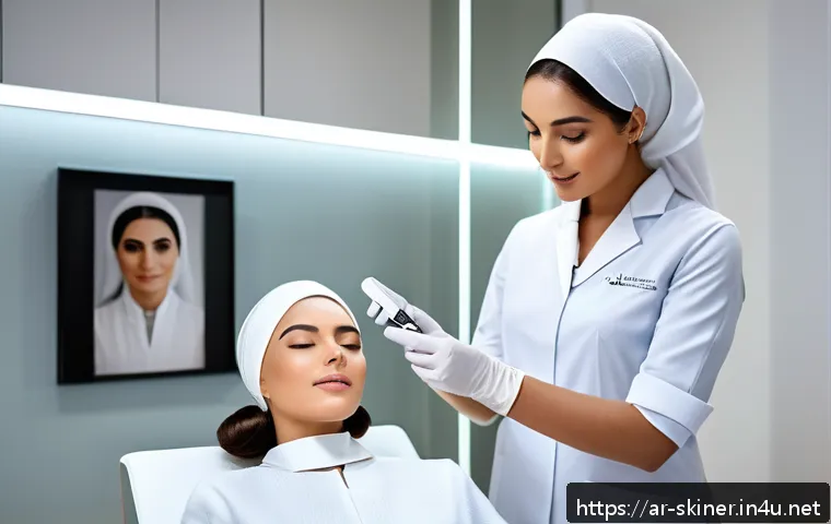 피부관리사의 신규 고객 유치 전략 - A professional Middle Eastern skincare specialist in a modern, elegant clinic setting, demonstrating...