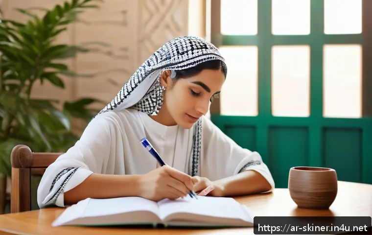 피부관리사 필기 시험 준비법 - A focused young Arab woman in her early 20s studying at a modern desk with an organized timetable di...