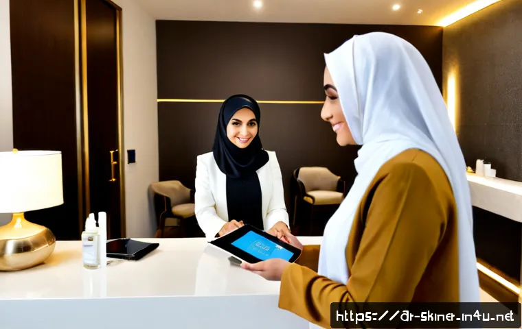 Home 17 피부관리사 네트워킹 팁 - Photorealistic upscale skincare networking event in a modern Gulf Arab wellness lounge, three adult ...